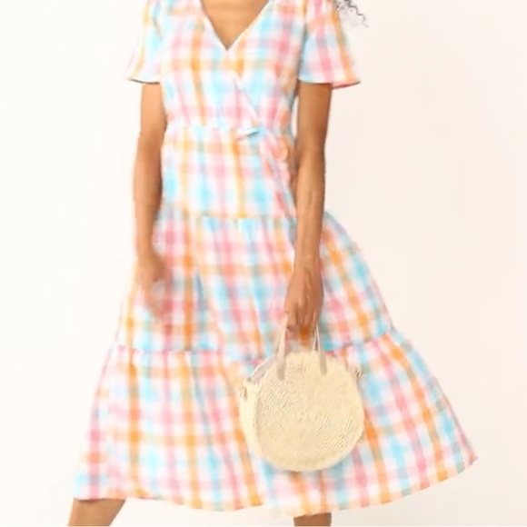 Multi- colored Pastel Easter Checkered Surplice Tiered Midi Dress size XXL NWT - Picture 3 of 4